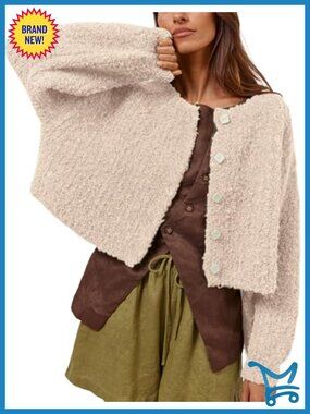 Cropped Fluffy Knit Button Down Cardigan Scoop Neck Long Sleeve Women's Sweater